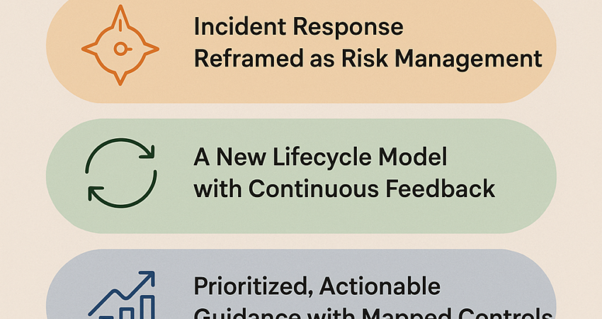 Infographic showing five key updates in NIST SP 800-61 Revision 3, including CSF 2.0 alignment, risk management focus, and a continuous incident response lifecycle.