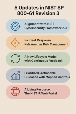Infographic showing five key updates in NIST SP 800-61 Revision 3, including CSF 2.0 alignment, risk management focus, and a continuous incident response lifecycle.